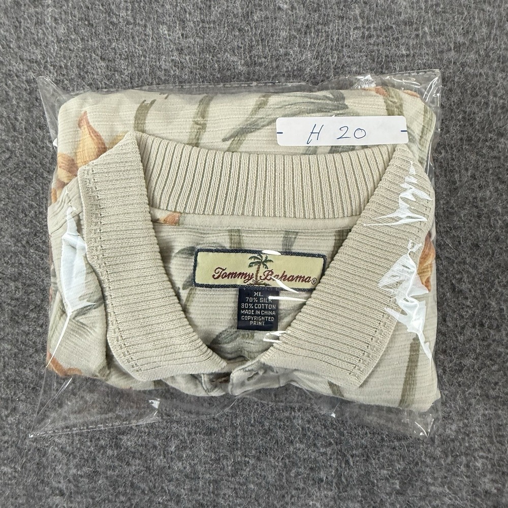 Tommy Bahama Polo Shirt Mens XL Silk Blend Hawaiian Floral Bamboo Beige - Picture 13 of 13